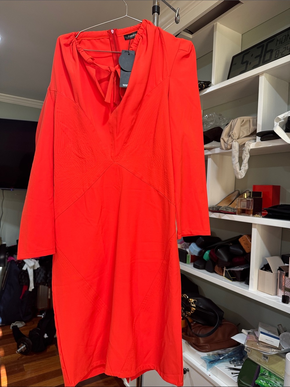 Women’s Bold Red Midi Dress with V-Detail